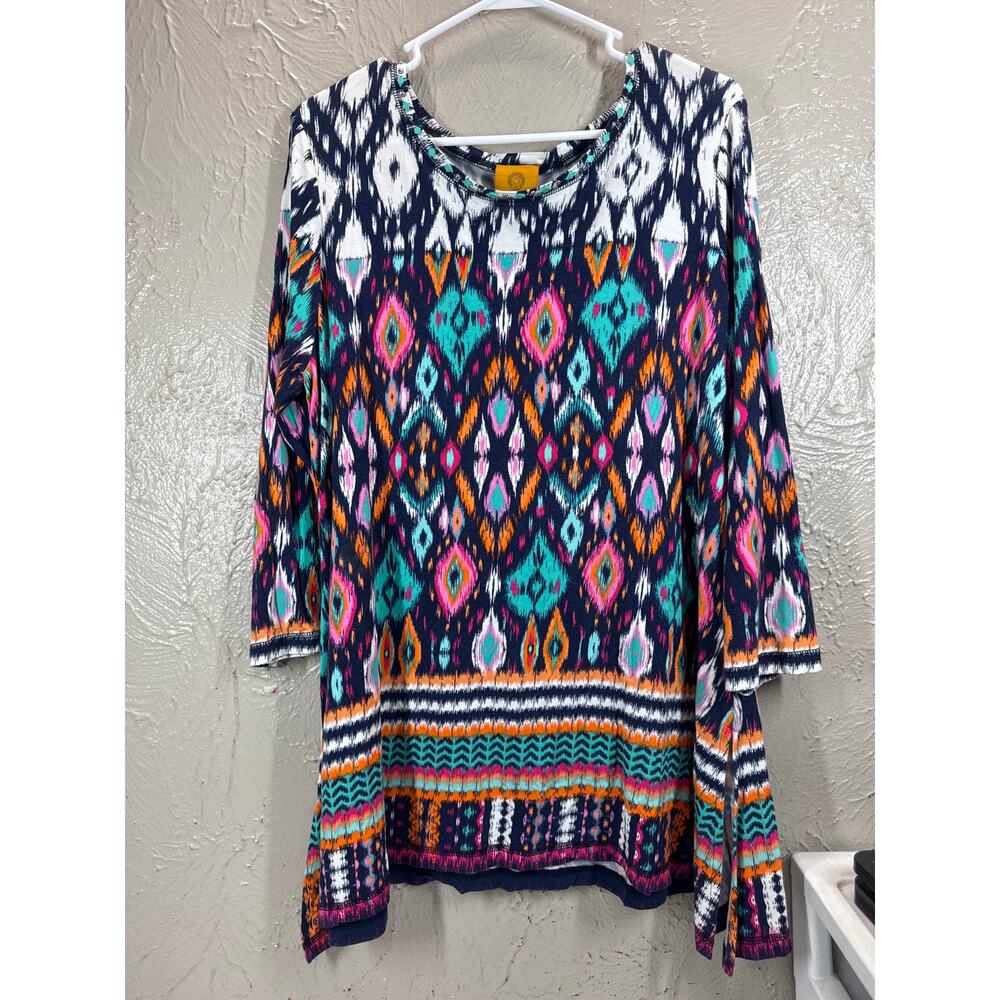 RUBY RD Knit Top 1/2 Sleeve Round Neck Handkerchief Hem‎ Blue Pink Paisley Large